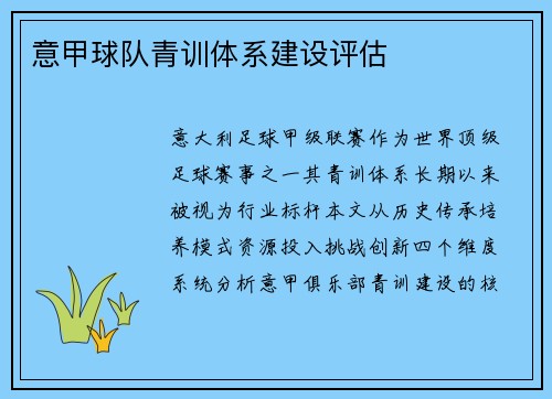 意甲球队青训体系建设评估
